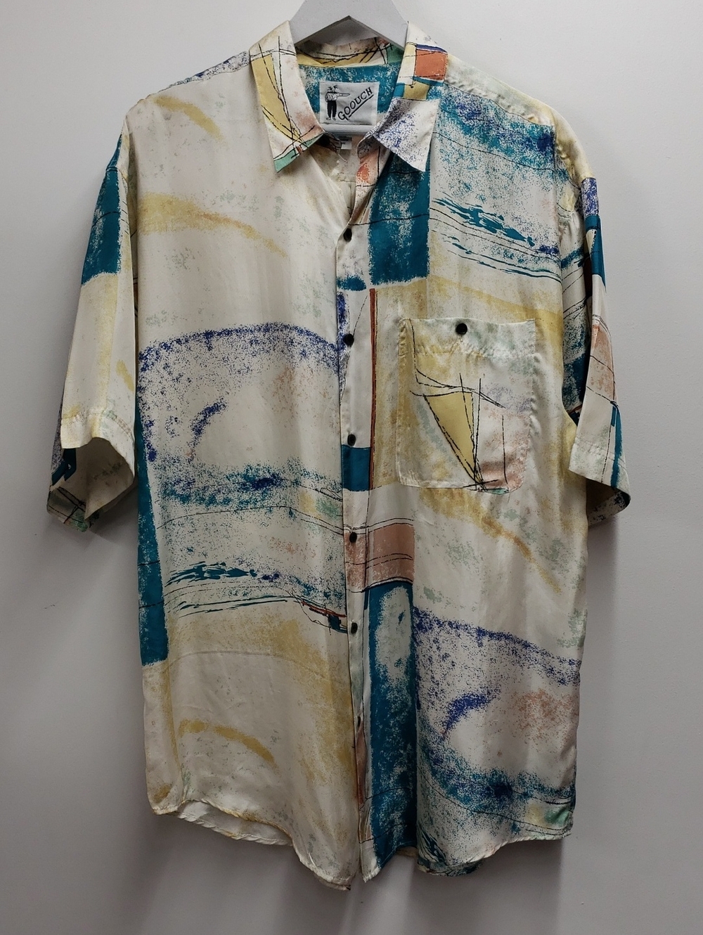 Goouch 100% Silk Shirt Men's Medium Vintage Geometric Print Short Sleeve